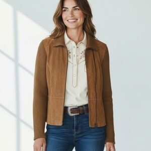 Vintage Covington Tan Suede Wool Sweater Jacket 70s Boho Western double zipper